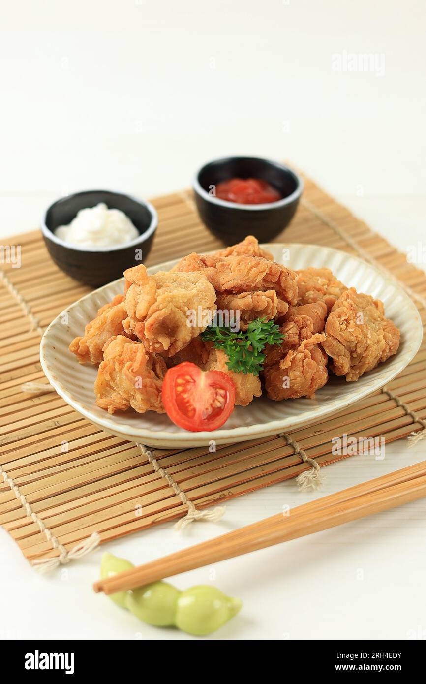 Karaage, Deep Fried Chicken Japanese Style in One Bite Size, on White