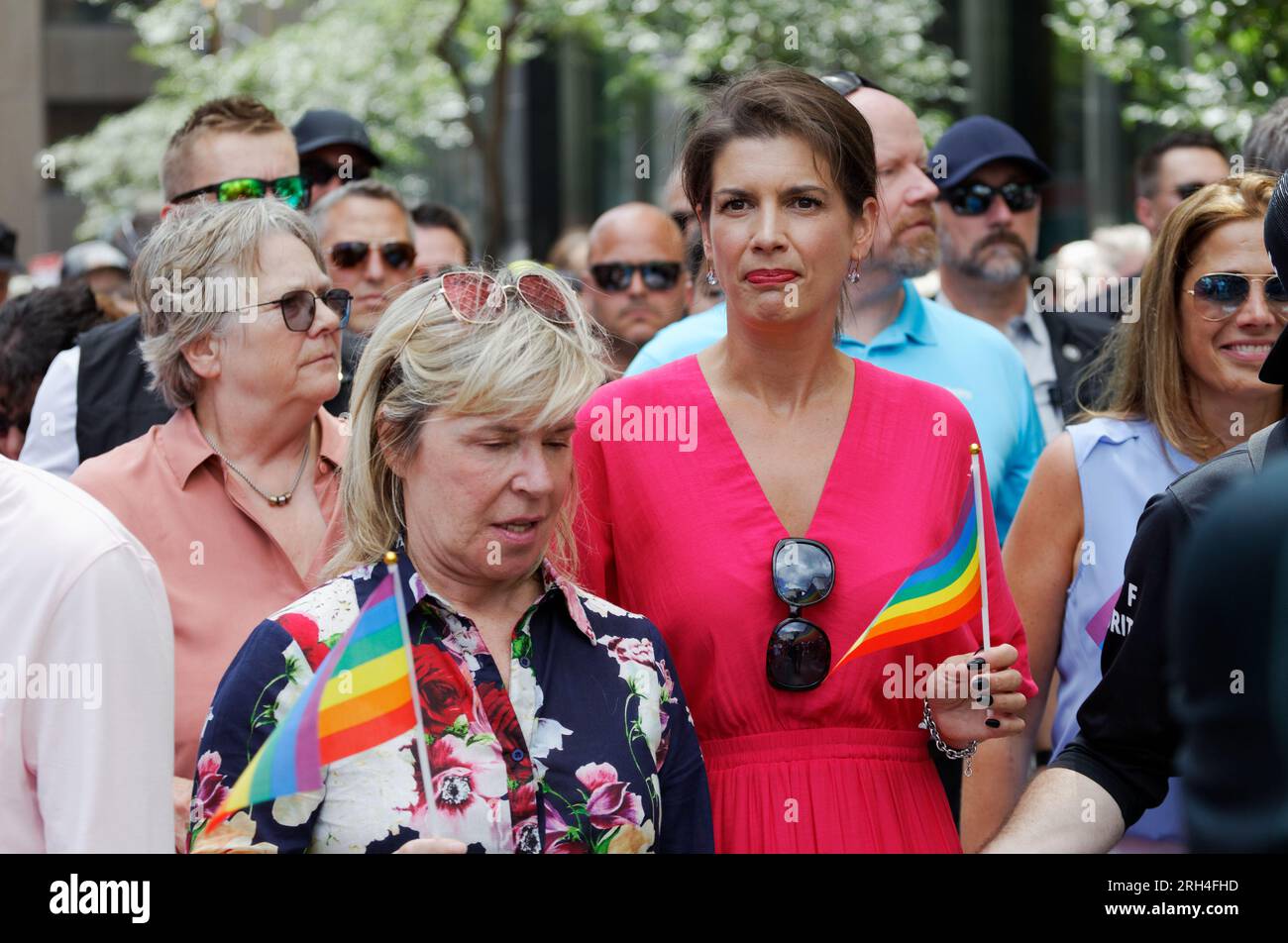Geneviève Guilbault (in red), Minister of Transport and Sustainable Mobility participates in the Montreal Pride Parade, August 13 2023. Montreal,Quebe Stock Photo
