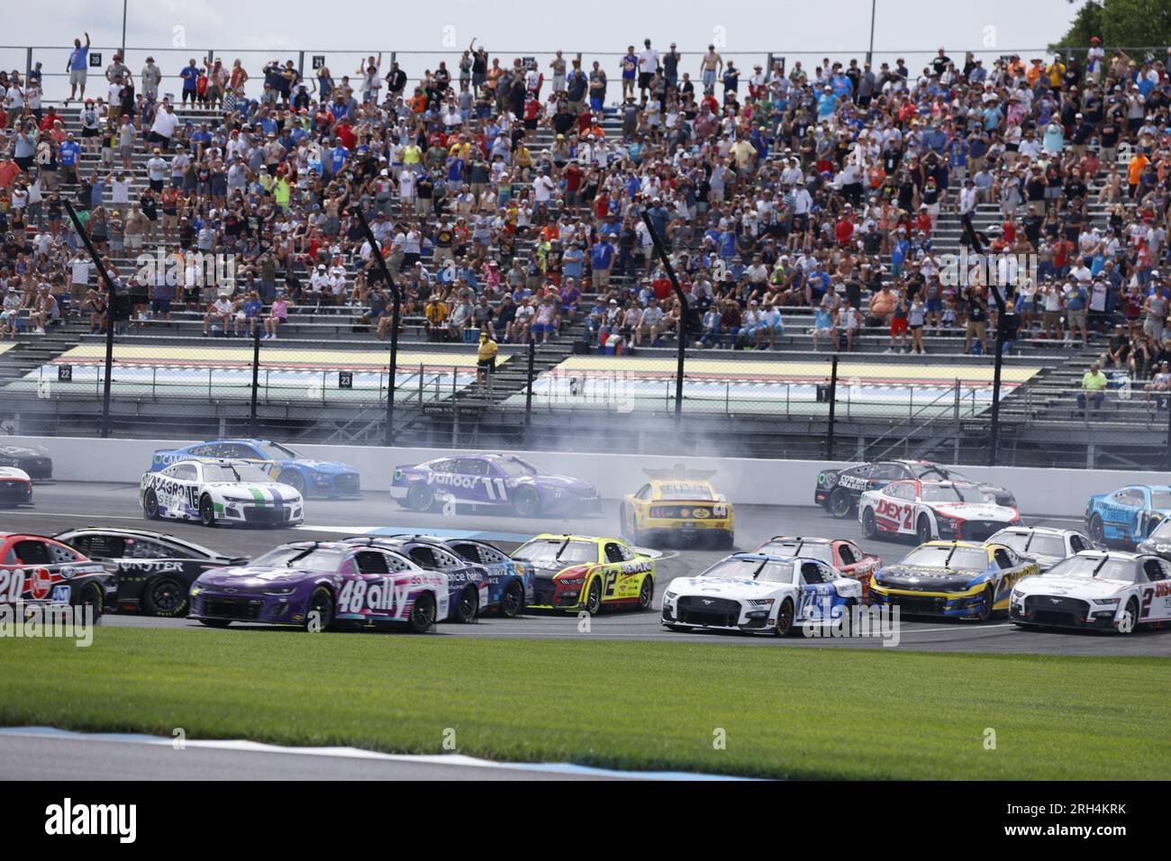 Indianapolis, USA. 13th Aug, 2023. INDIANAPOLIS, INDIANA - AUGUST 13: Joey Logano (#22 Team Penske Shell Pennzoil Ford) crashes in turn one during the Verizon 200 at the Brickyard at Indianapolis Motor Speedway on August 13, 2023 in Indianapolis, Indiana. ( Credit: Jeremy Hogan/Alamy Live News Stock Photo