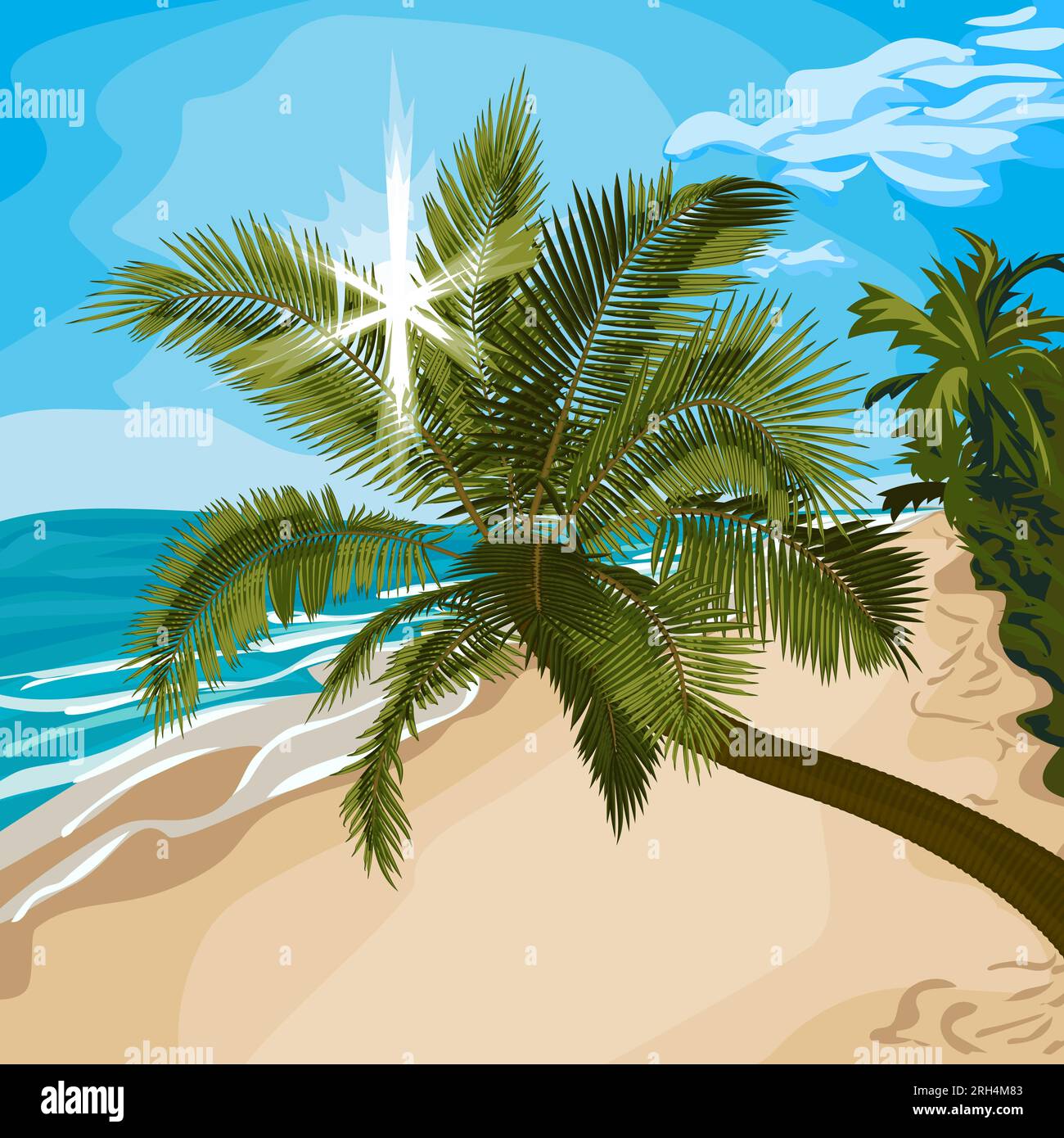 Bent palm with sunbeams through foliage on beach. Vector illustration