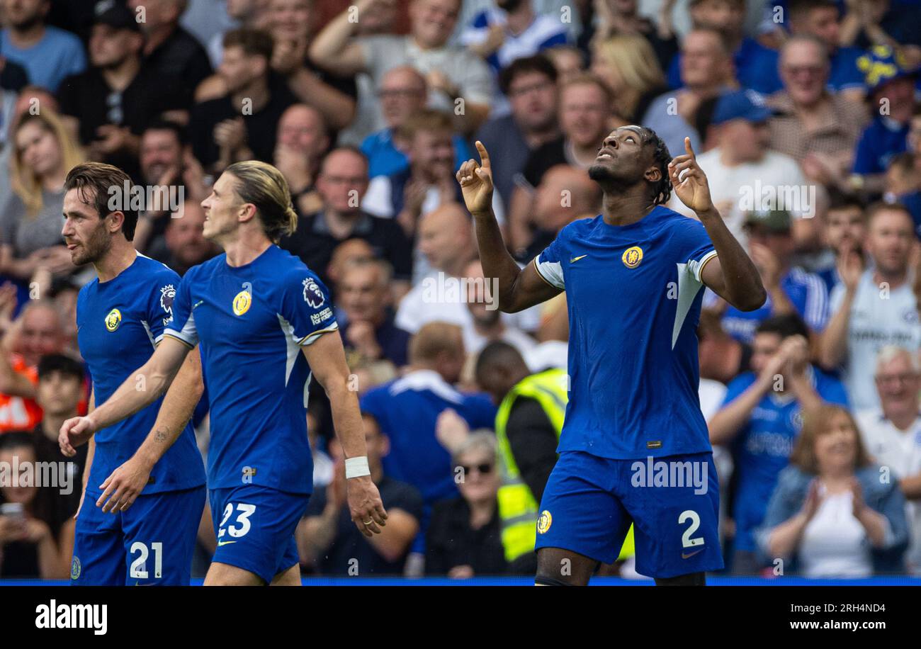 London, UK. 14th Aug, 2023. Chelsea's Axel Disasi (R) celebrates after scoring the equalising goal during the English Premier League match between Chelsea and Liverpool in London, Britain, on Aug. 13, 2023. Credit: Xinhua/Alamy Live News Stock Photo