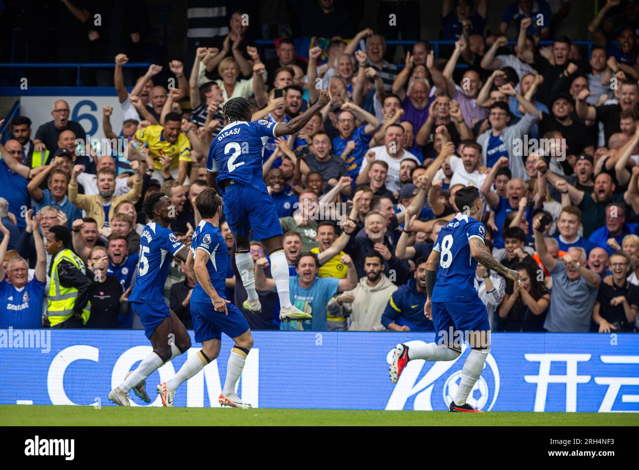 London, UK. 14th Aug, 2023. Chelsea's Axel Disasi (Front, 3rd L) celebrates after scoring the equalising goal during the English Premier League match between Chelsea and Liverpool in London, Britain, on Aug. 13, 2023. Credit: Xinhua/Alamy Live News Stock Photo