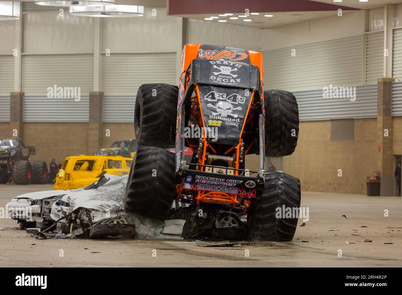 The monster truck 'Bad Habit,' a 1979 Ford F-250, performs at the Allen County War Memorial Coliseum Expo Center in Fort Wayne, Indiana, USA. Stock Photo