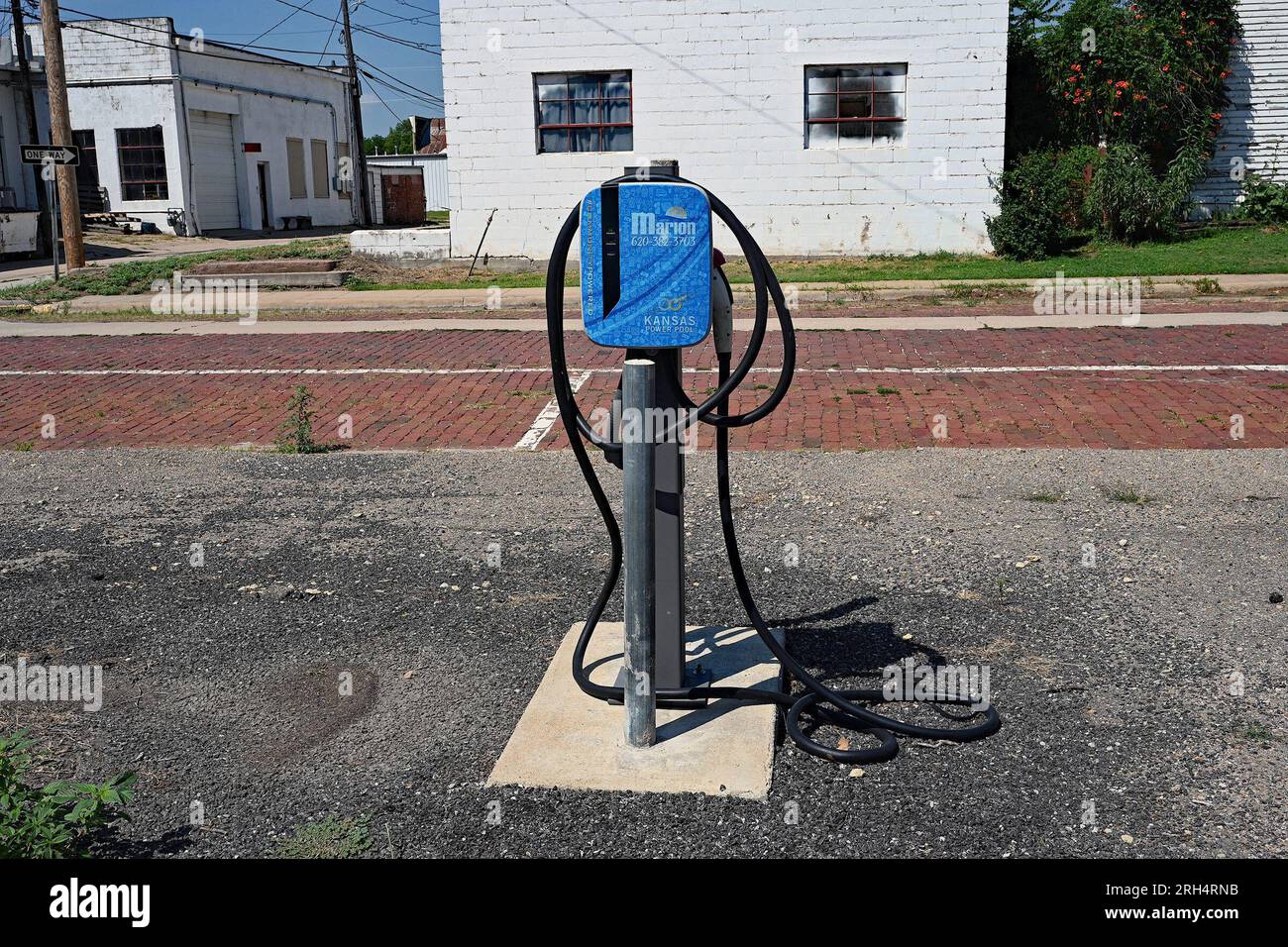 MARION, KANSAS AUGUST 12, 2023EV car chargers in public parking lot