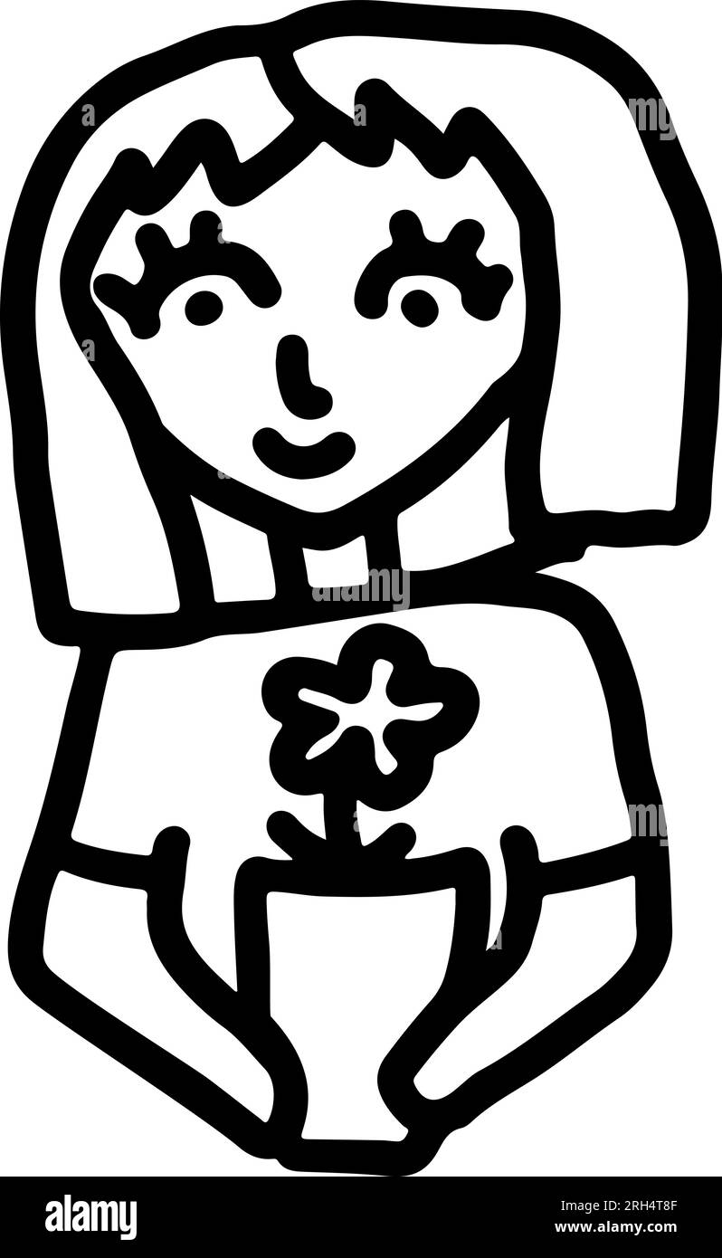 Girl Holding a Flower in the Pot. Simple Cartoon Icon. Stock Vector
