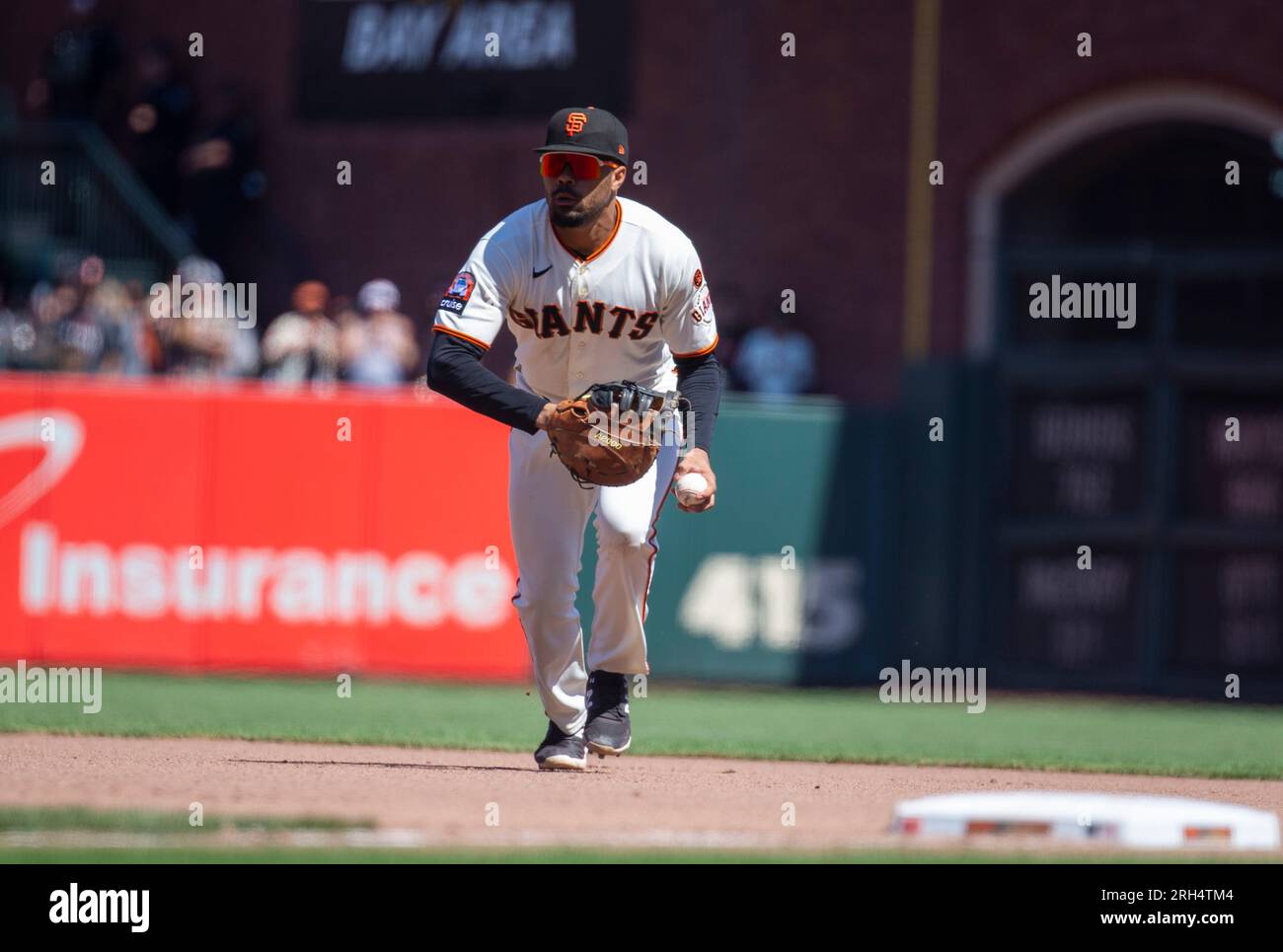 San Francisco, USA. August 13 2023 San Francisco CA, U.S.A. San Francisco  third baseman J.D. Davis (7), shortstop Brandon Crawford (35), second  baseman Thairo Estrada(39), and first baseman LaMonte Wade Jr.(31) standing