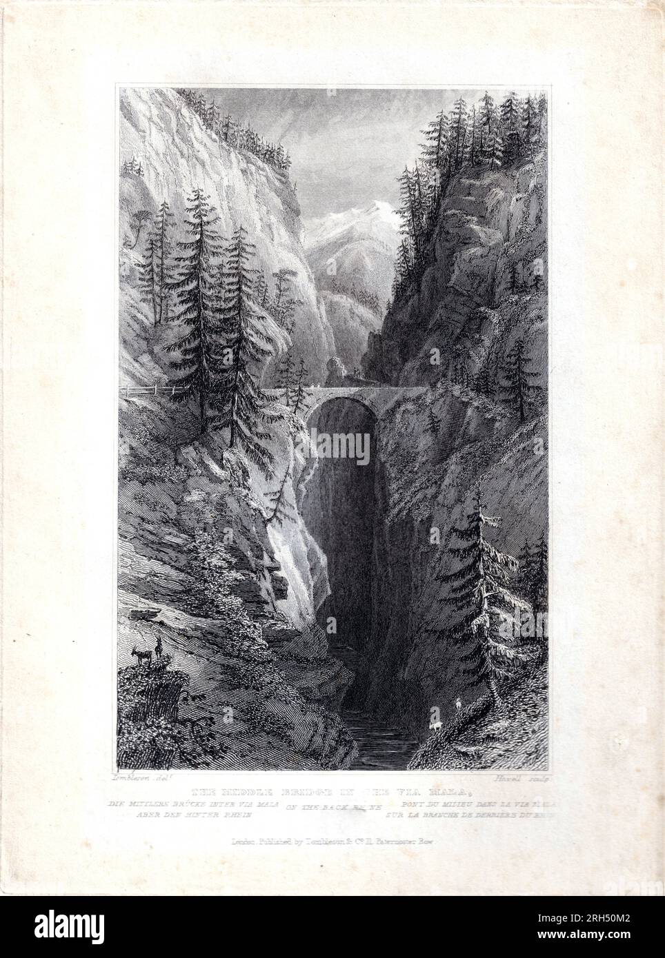 The middle bridge in the Via Mala (1830) - Steel Engraving by Robert Havell Jr (1793-1878) after William Tombleson (1795-1846) Stock Photo