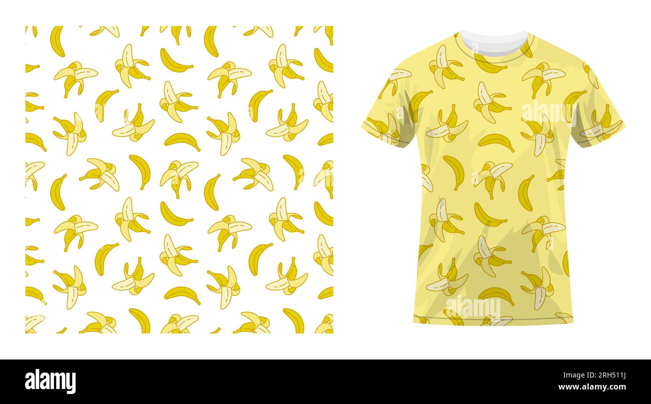 Short sleeved cotton sports t shirt decorated seamless pattern with peeled sweet ripe bananas. Harvesting tropical fruits. Comfortable summer clothes. Stock Vector