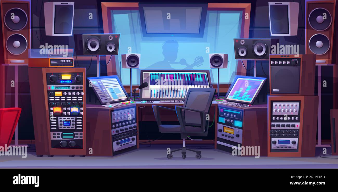 Cartoon sound recording studio with equipment and silhouette of singer playing guitar behind glass. Vector illustration of professional music mixer with buttons and wires, loudspeaker, microphone Stock Vector