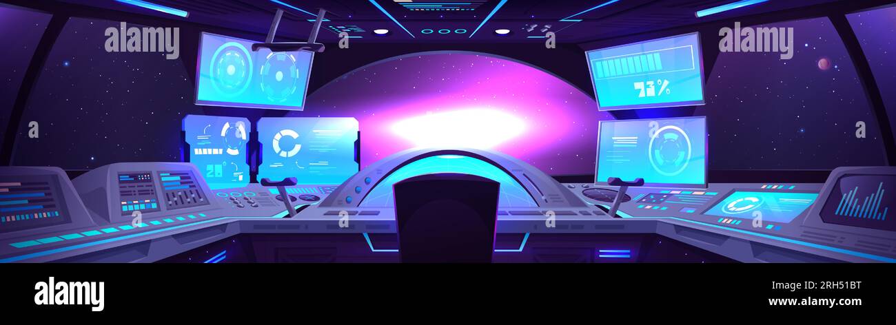 Interior of spaceship control cabin with various control stations and panels, monitors. spacecraft or rocket cockpit room with large glass window with inside view of outer space, stars and galaxies. Stock Vector