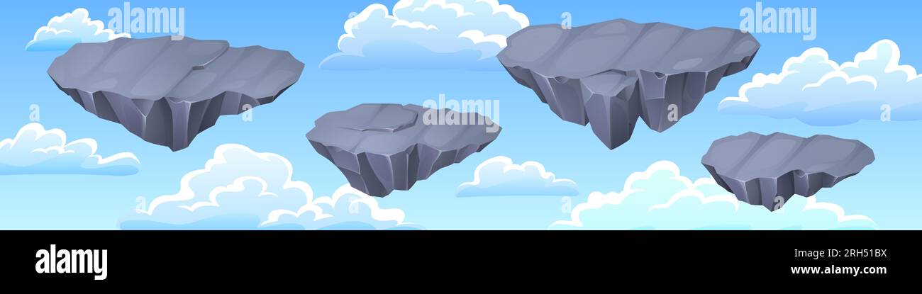 Gray stone floating islands in blue sky with clouds - game flying rock platforms for level ui design. 2d cartoon stony land pieces for jumping and running in videogame. Panoramic vector background. Stock Vector