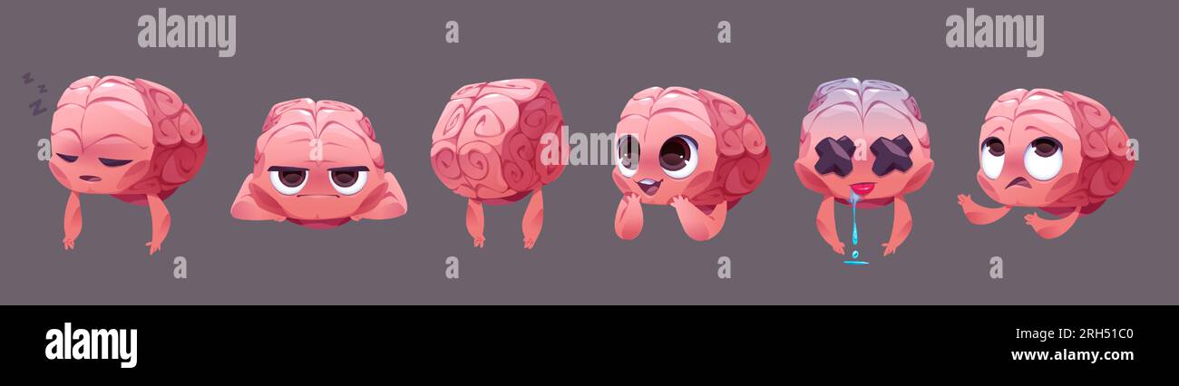 Brain cartoon character with various emotions. Human memory organ angry with hands in hips, sleeping and offended standing with back. Excited, hypnotized drooling with cross eyes and confused emoji. Stock Vector