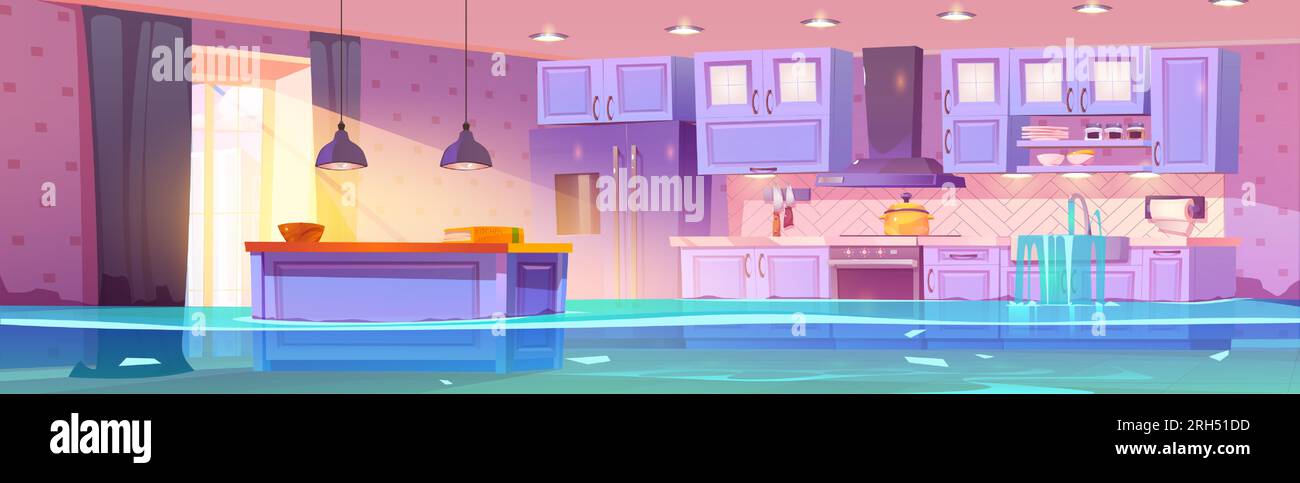 Wet home kitchen flooded with tap water. Vector cartoon illustration of modern dining room in house with furniture and appliances covered with sewage leaking from clogged sink or damaged old pipe Stock Vector