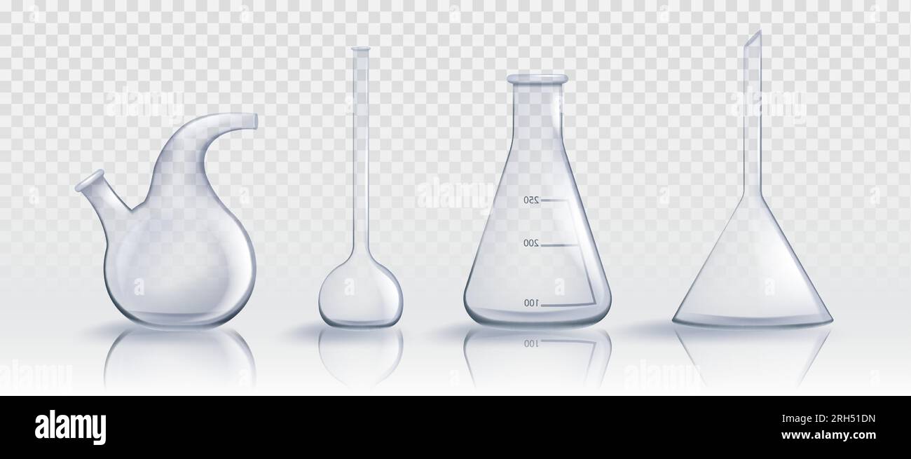 Realistic laboratory glassware set isolated on transparent background