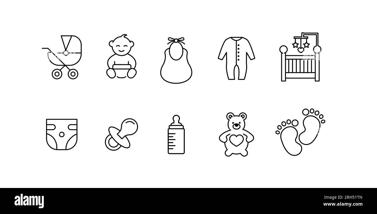 Baby objects icon set. Newborn icons. set of 10 editable outline newborn icons Stock Vector