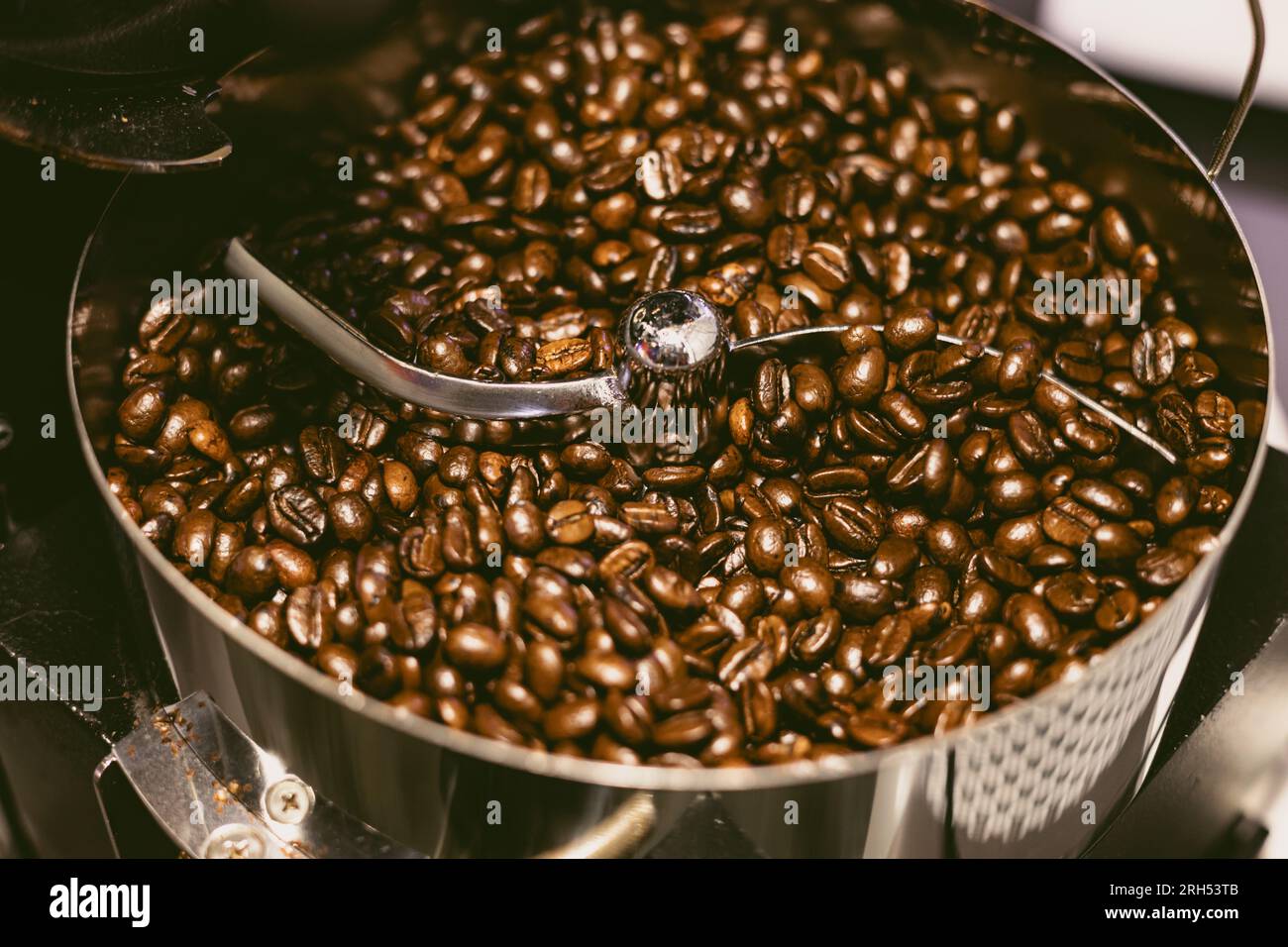coffee beans dark oily roast aroma roasting in roastery. coffee bean roaster closeup cooling end