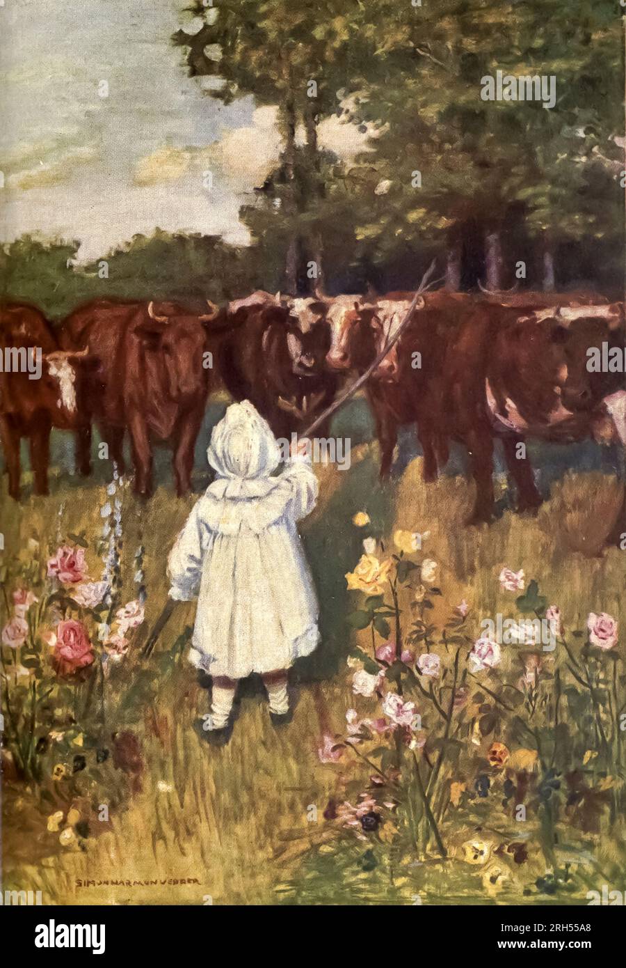 The June baby seized a stick much bigger than herself and went after the cows Illustrated by Simon Harmon Vedder from the book ' Elizabeth and her German garden. ' by Elizabeth Von Arnim Publisher London Macmillan 1906 Stock Photo