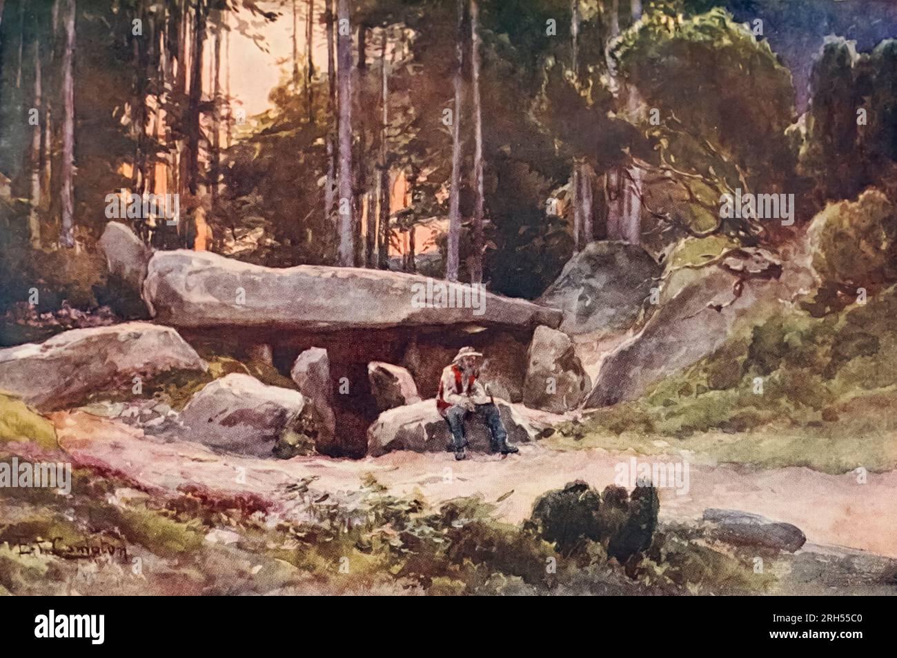 DOLMEN IN A GERMAN FOREST painting by E. T. Harrison Compton From the book '  Germany ' John Finnemore (1863–1915) was a British school teacher and writer of fictional novels and history and geography texts of countries - most are for younger readers. Finnemore contributed stories to popular boys' magazines of his time such as The Boy's Own Paper and Boys' Realm but he is best remembered for his books about Teddy Lester and his friends at Slapton, a fictitious English public school. The stories have a strong sporting focus, with Lester excelling at rugby, cricket and other games. He also wrote Stock Photo