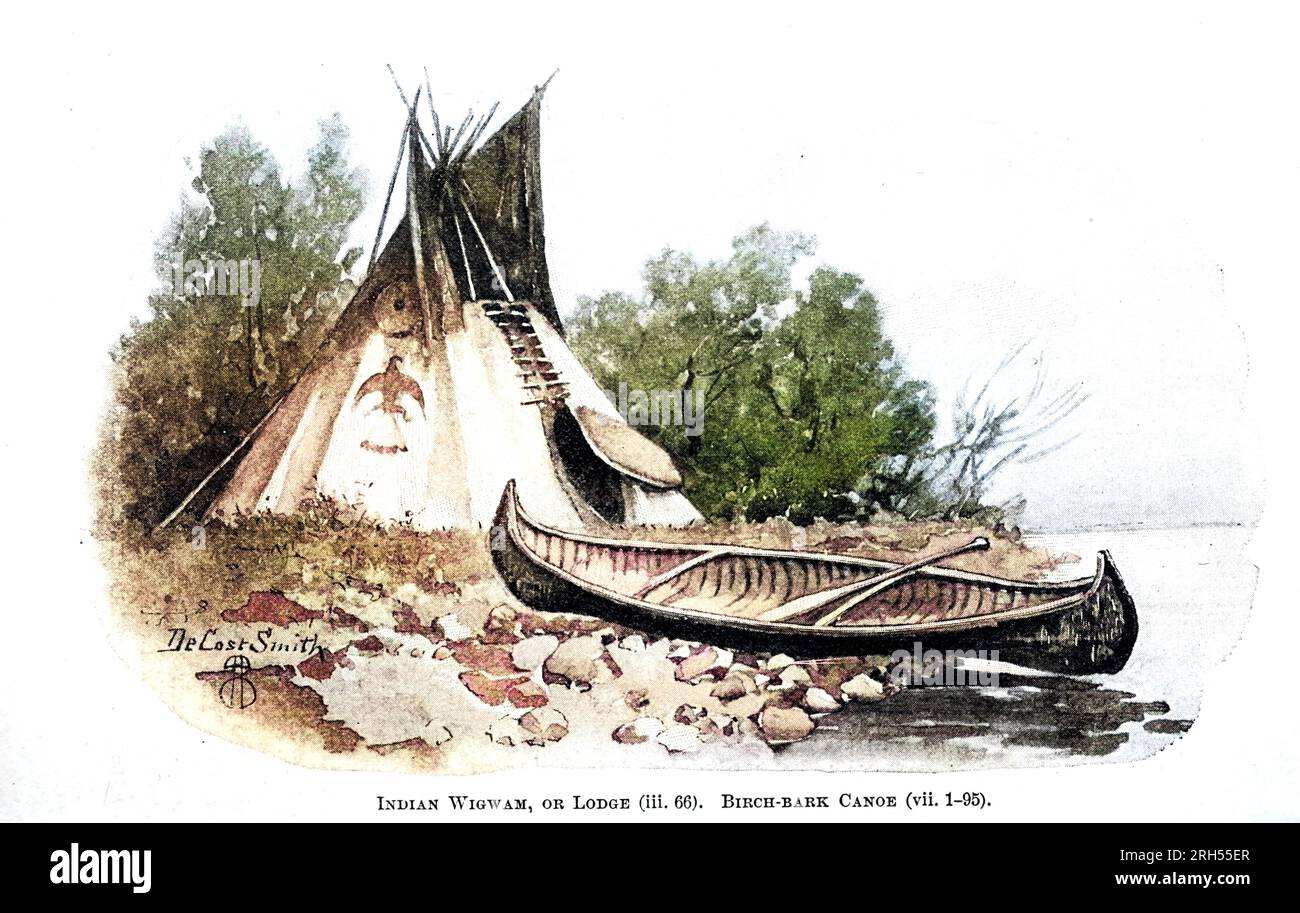 Indian Wigwam and Birch-bark canoe From the book ' The song of Hiawatha ' by Longfellow, Henry Wadsworth, 1807-1882 Published by Mifflin and Company in 1898 Stock Photo