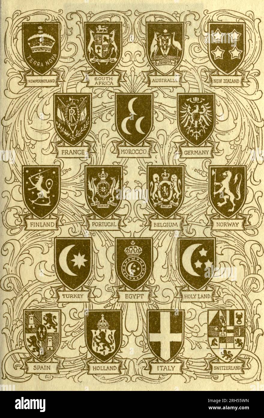 Collection of National Coat of arms Newfoundland, South Africa, Australia, New Zealand, France, Morocco, Germany, Finland, Portugal, Belgium, Norway, Turkey, Egypt, Holy Land, Spain, Holland, Italy, Switzerland from the book ' Japan ' part of the series ' Peeps of History ' by John Finnemore Illustrated by Ella Du Cane Ella Du Cane (1874-1943) was a British artist best known for her watercolors of landscapes and exotic locales. Publication date 1910 Publisher London : Adam and Charles Black Stock Photo