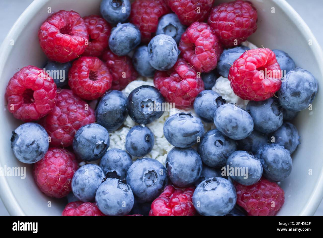 Blueberry and raspberry fruit with cottage cheese  in a bowl. Healthy breakfast concept. Healthy eating. Sweet raw food. Vitamins in a plate. Stock Photo