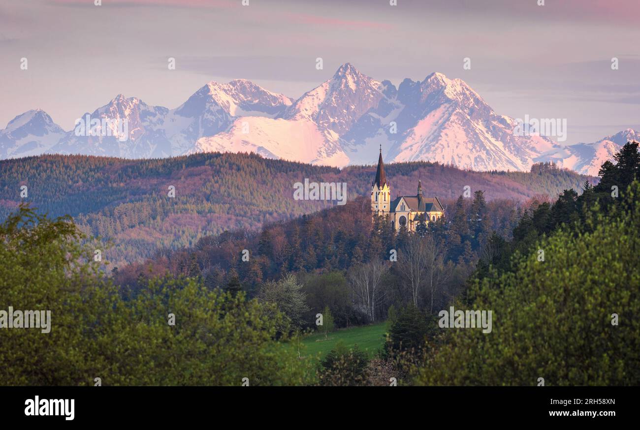 View to the Basilica of the Virgin Mary, Levoca and High Tatras on background Stock Photo