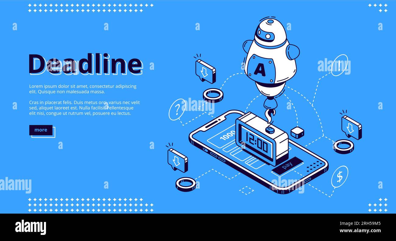 Deadline isometric landing page. Mobile phone with alarm clock and ai