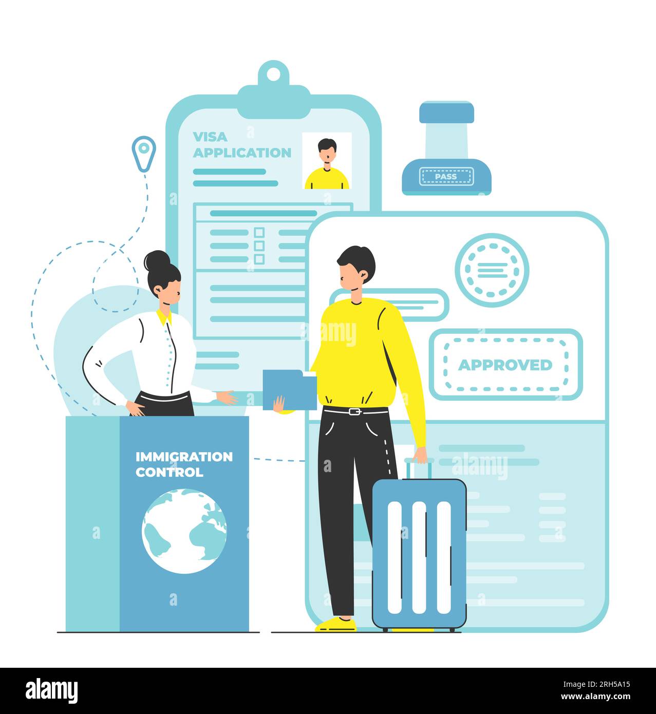 Immigration control scene with customs officer and business traveler