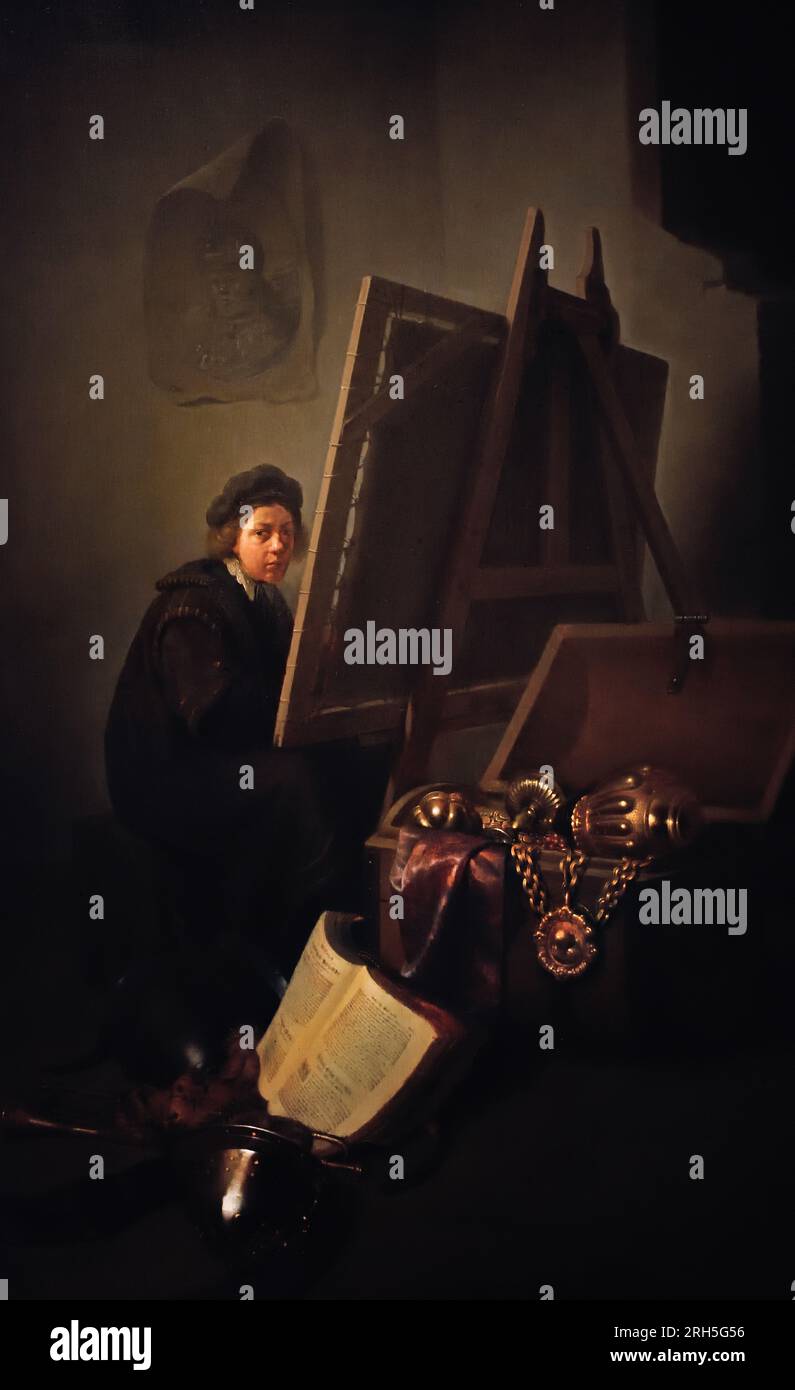 Self-Portrait (?) at an Easel, ca. 1628–29 Attributed to Gerrit Dou (Leiden 1613 – 1675 Leiden) Dutch, The Netherlands, Holland. Dutch artists sat when they painted, and the way they stretched their canvases on a wooden frame. The young artist has also brought to his studio a number of props appropriate for a history painting. Stock Photo