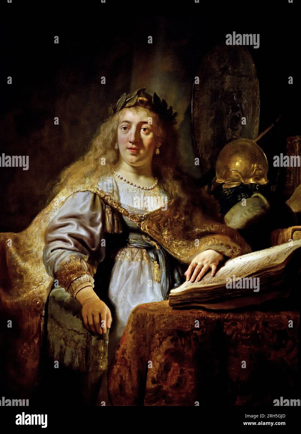 Minerva in Her Study, 1635 by Rembrandt Harmensz (Harmenszoon) van Rijn  1606–1669 17th Century The Netherlands Dutch Holland, Minerva had various functions and attributes. She was the virgin goddess of war, but unlike her counterparts Mars or Bellona, she was neither belligerent nor cruel. Her inventive strategy led to victory and she was therefore, paradoxically, also the goddess of peace. She was also the goddess of wisdom, art, poetry, medicine and crafts, especially those of spinning and weaving. Stock Photo