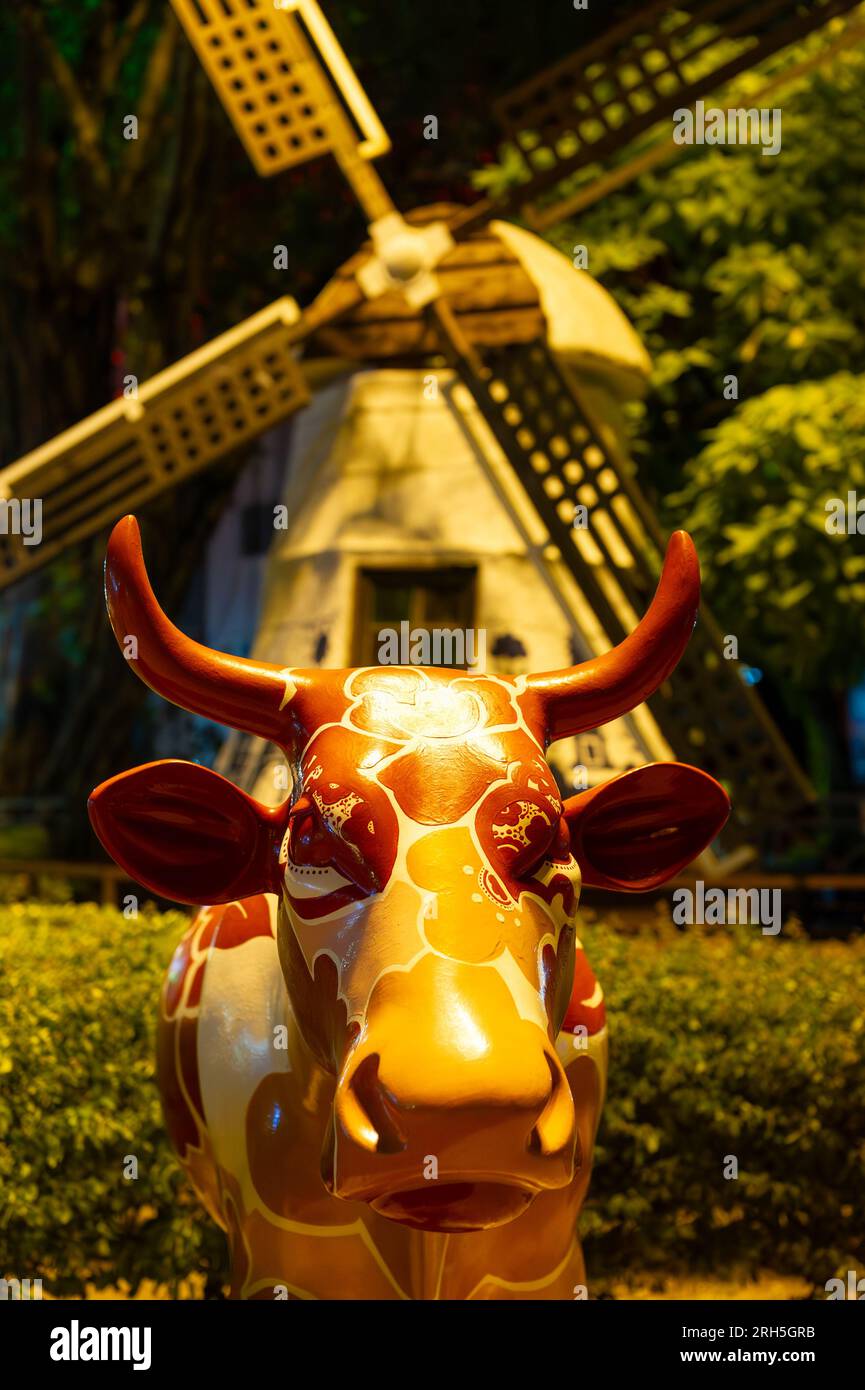 The Dutch Windmill with cows taken in Dutch Square at night, Malacca, Malaysia Stock Photo