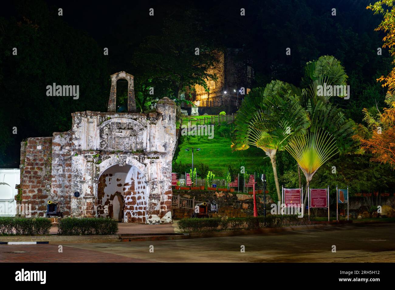 Porta De Santiago and St John's Hill at night, Malacca, Malaysia Stock Photo