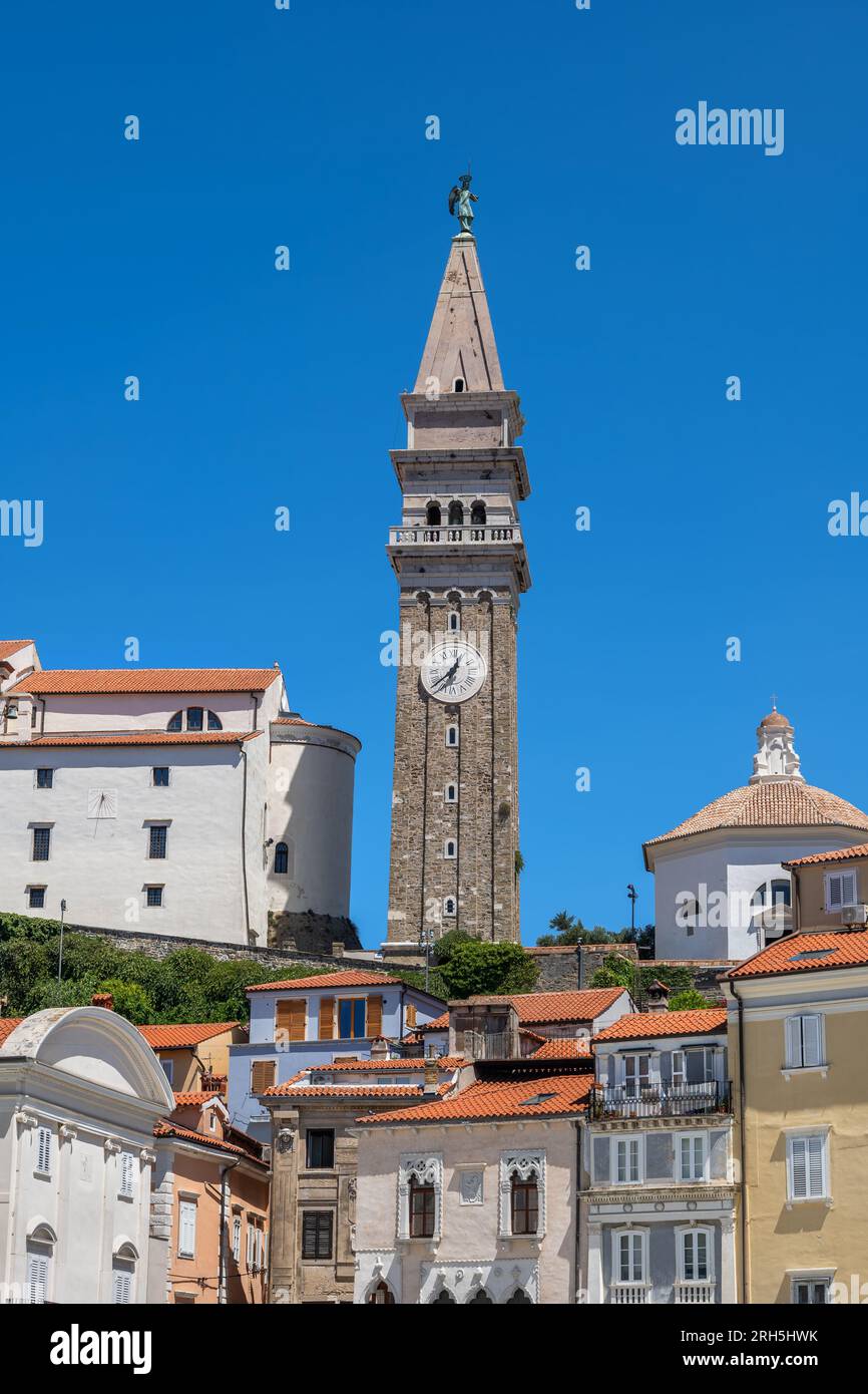 Old Town of Piran in Slovenia, St George Church Bell Tower on a hill ...