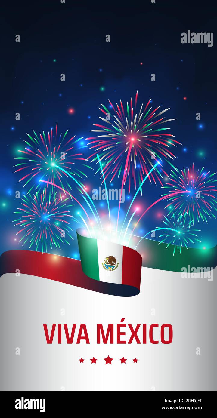 September 16, mexico independence day. Mexican flag and colorful fireworks on blue night sky background. National holiday september 16th. Independence Stock Vector