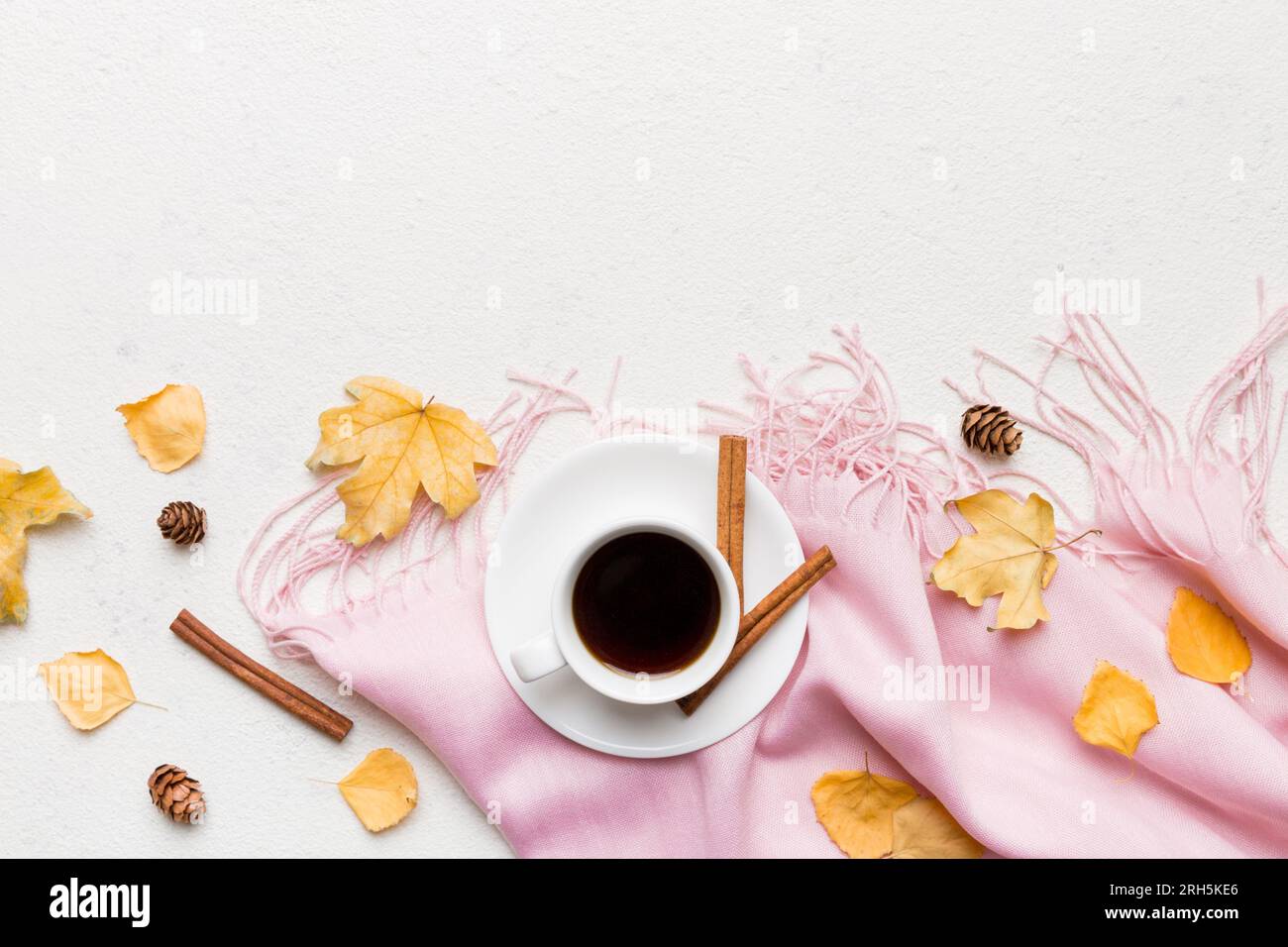 Flat lay composition with colorful Autumn cup of coffee and leaves on a ...