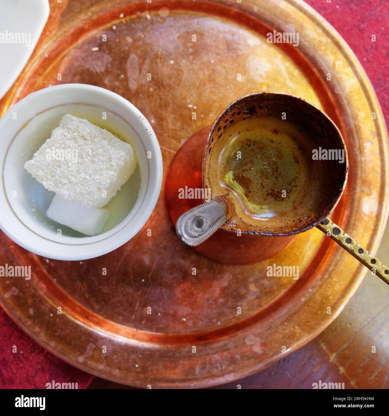 Bosnian coffee served with Turkish delight  in the sugar pot in the city of Sarajevo, Bosnia and Herzegovina, August 13, 2023. Stock Photo