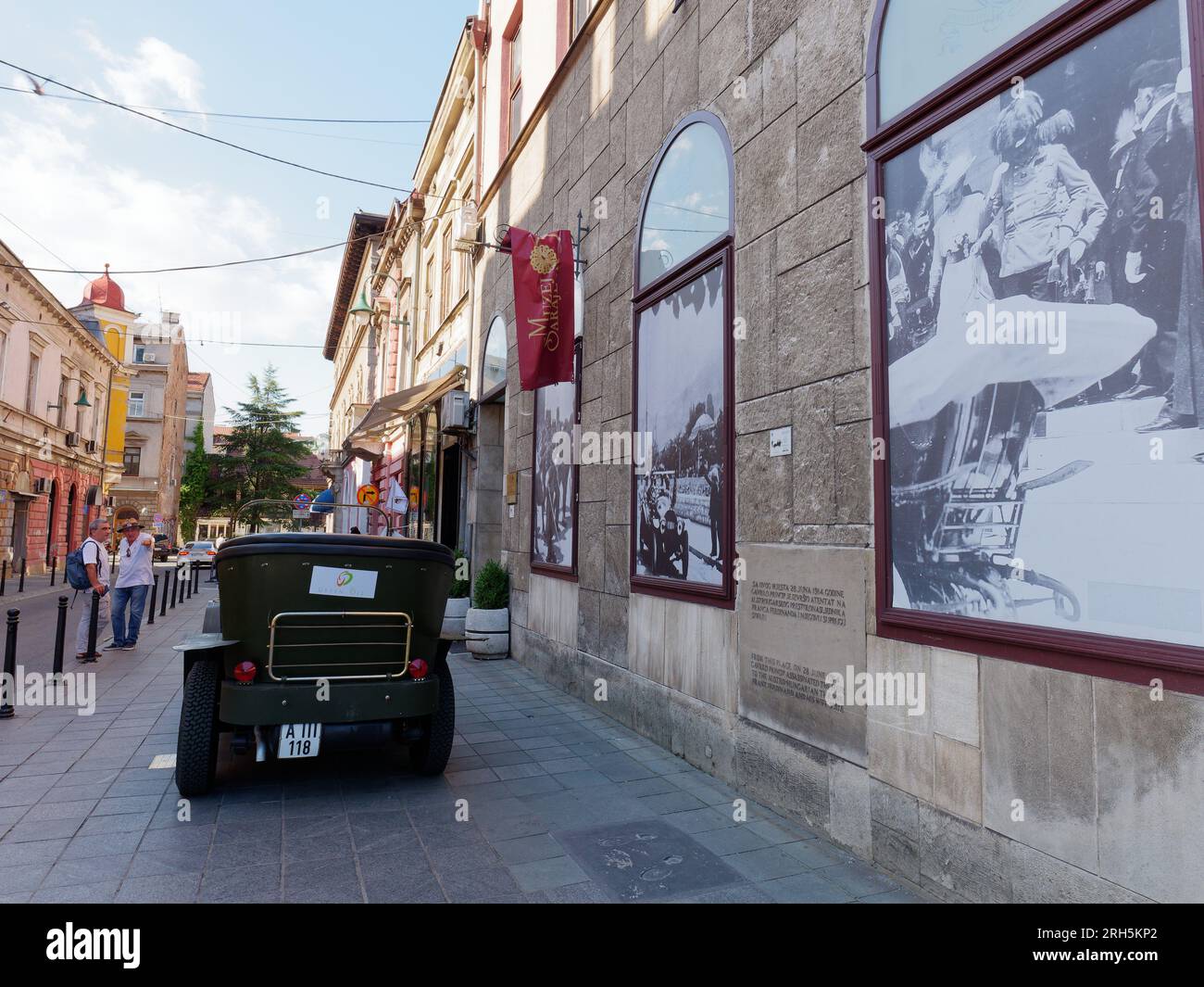 Replica Gräf & Stift open topped touring car at the site of the 1914 Sarajevo assassination. Sarajevo, Bosnia and Herzegovina, August 13, 2023. Stock Photo
