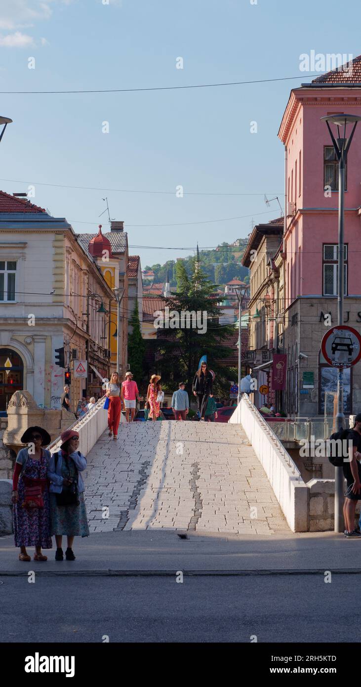 Famous Latin bridge where the 1914 assassination occurred the other side by the Museum. Sarajevo, Bosnia and Herzegovina, August 13, 2023. Stock Photo