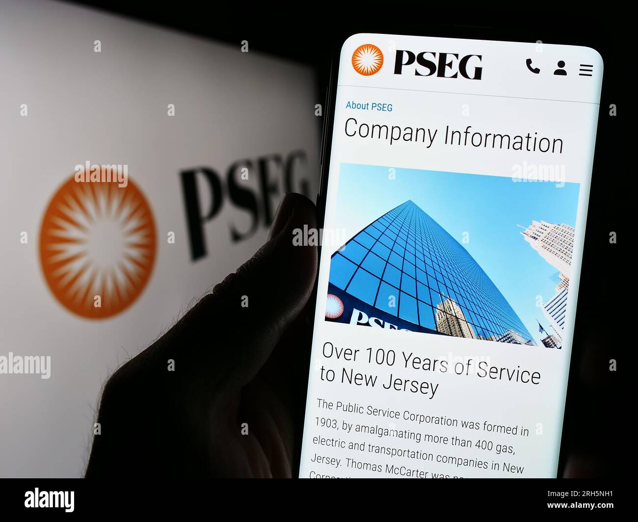 Person holding cellphone with webpage of company Public Service Enterprise Group (PSEG) on screen with logo. Focus on center of phone display. Stock Photo