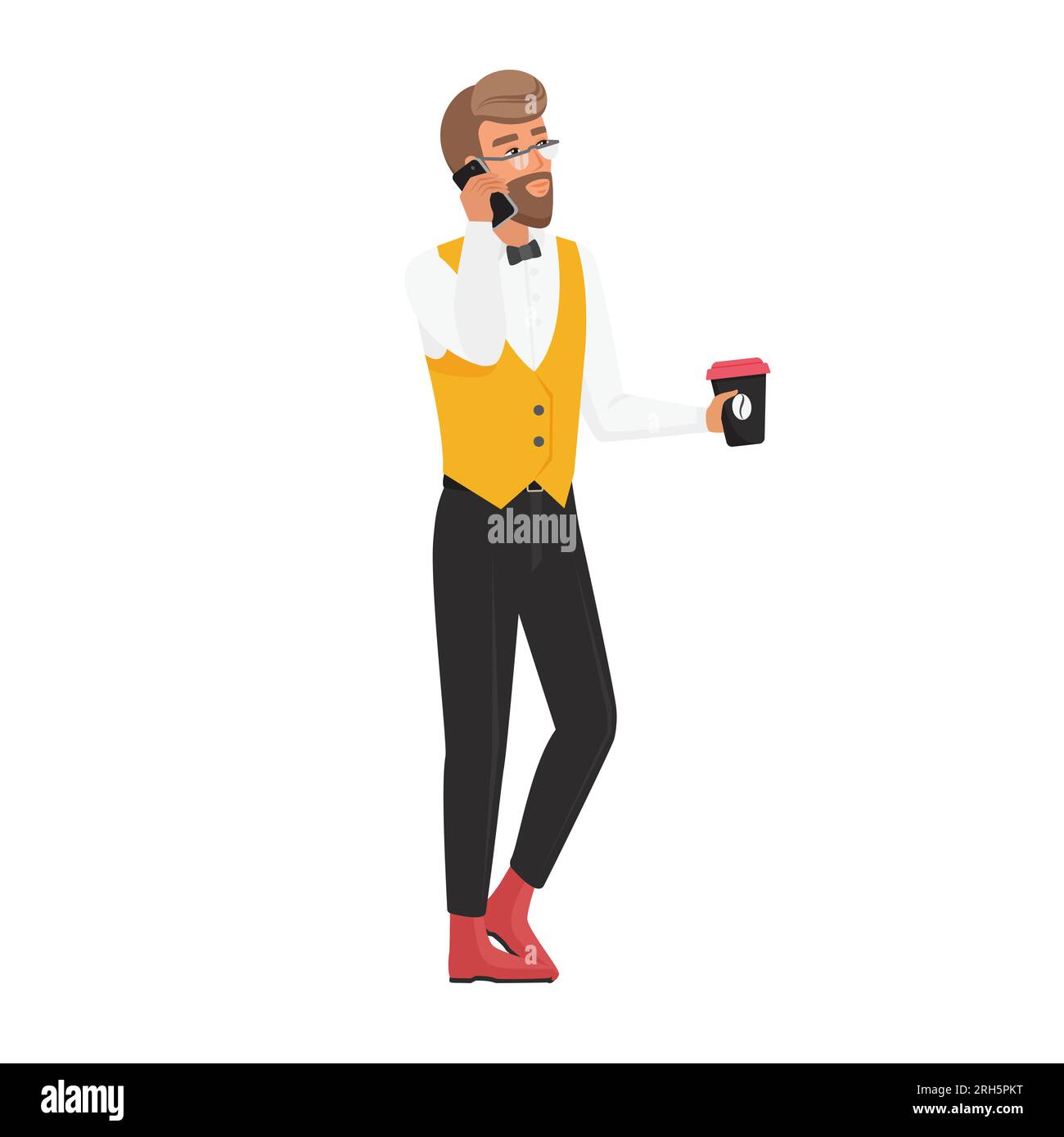 Stylish hipster man with coffee. Young man with takeaway coffee vector cartoon illustration Stock Vector
