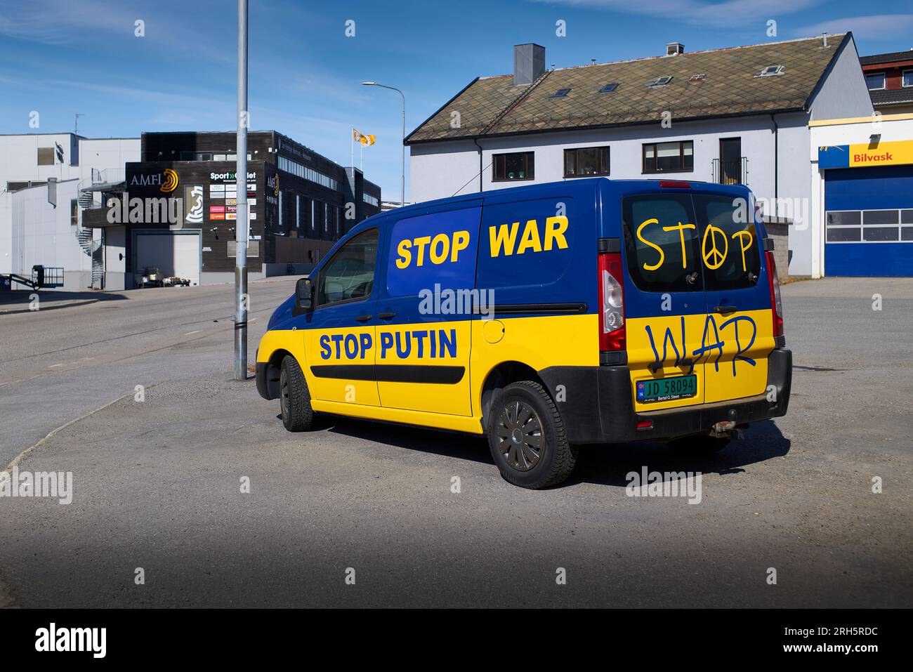 A Norwegian Van With Anti-War / Anti-Putin Markings Parked In Kirkenes, Norway. A Few km From The Russian Border. 7 May 2023 Stock Photo