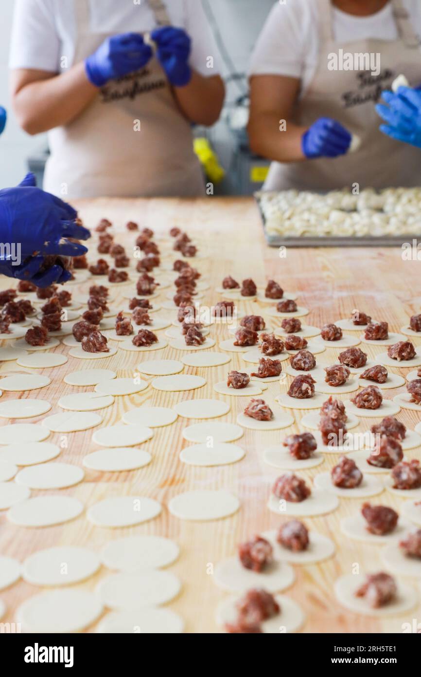 Several female chefs preparing dumplings in the kitchen Stock Photo