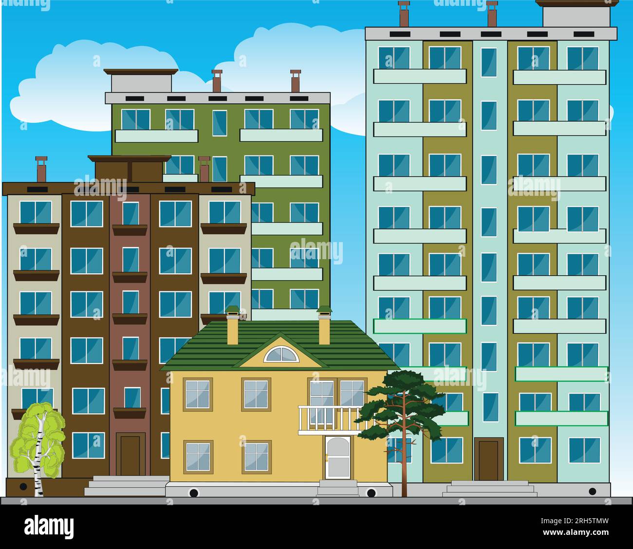 Vector illustration of the small city with high-altitude buildings ...