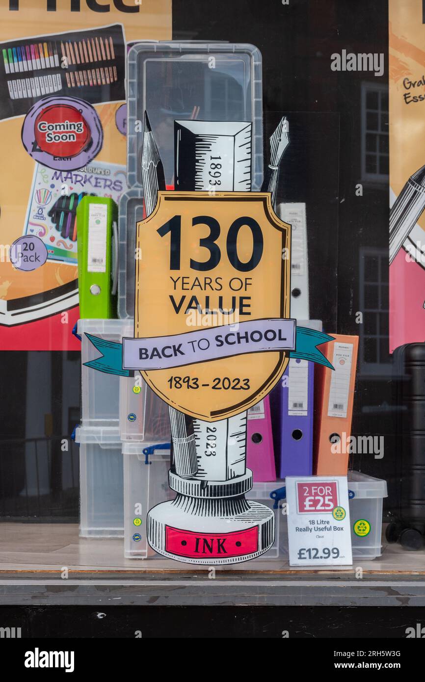 Rymans shop window display, back to school stationery, celebrating 130 years of value business in 2023, England, UK Stock Photo