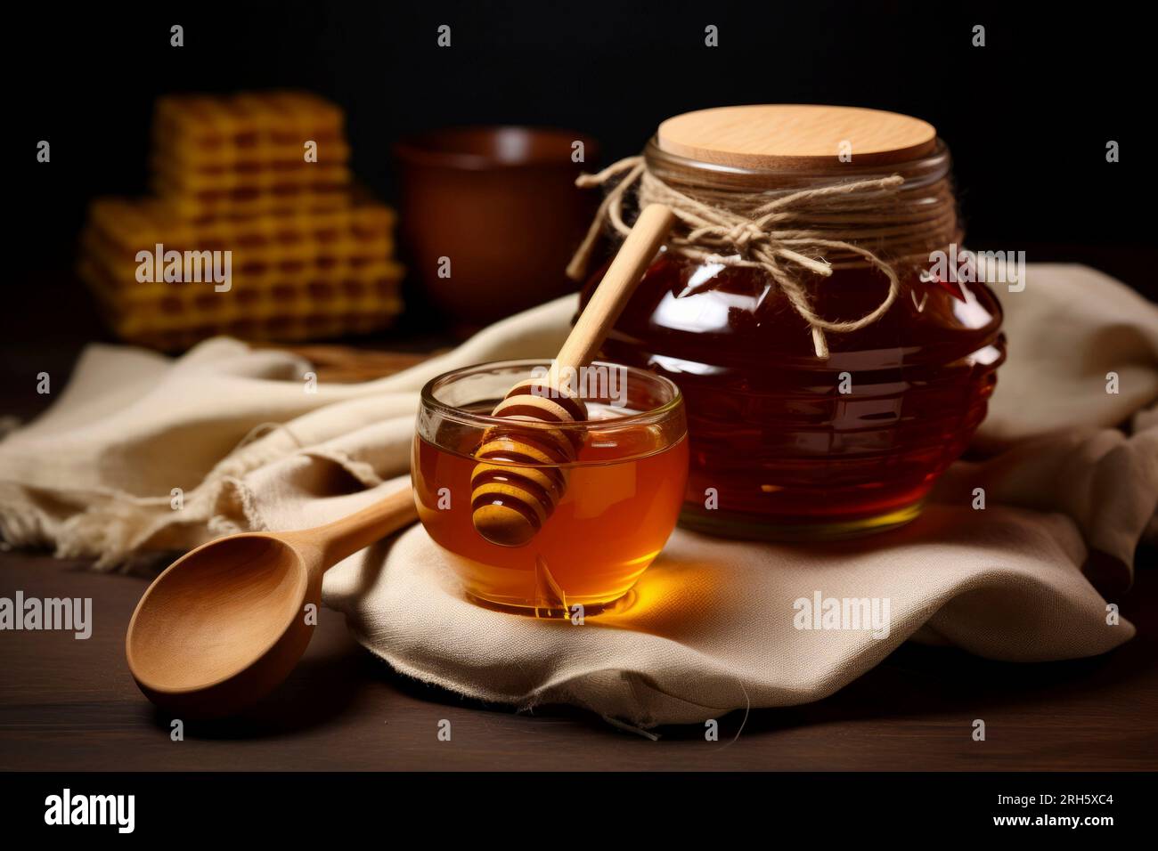 A delightful food composition featuring honey drizzling, set against a ...