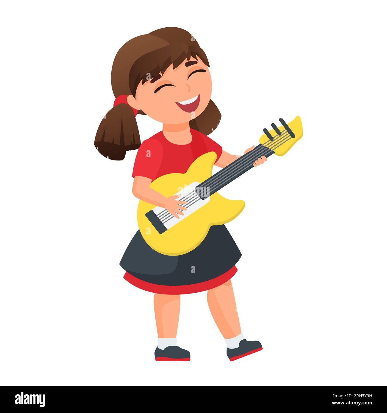 Little girl playing guitar. Children with musical instruments, musician performance vector cartoon illustration Stock Vector