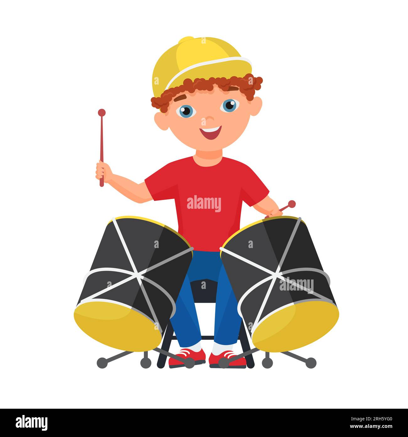 Little boy playing drums. Child drummer, musical performance vector cartoon illustration Stock Vector