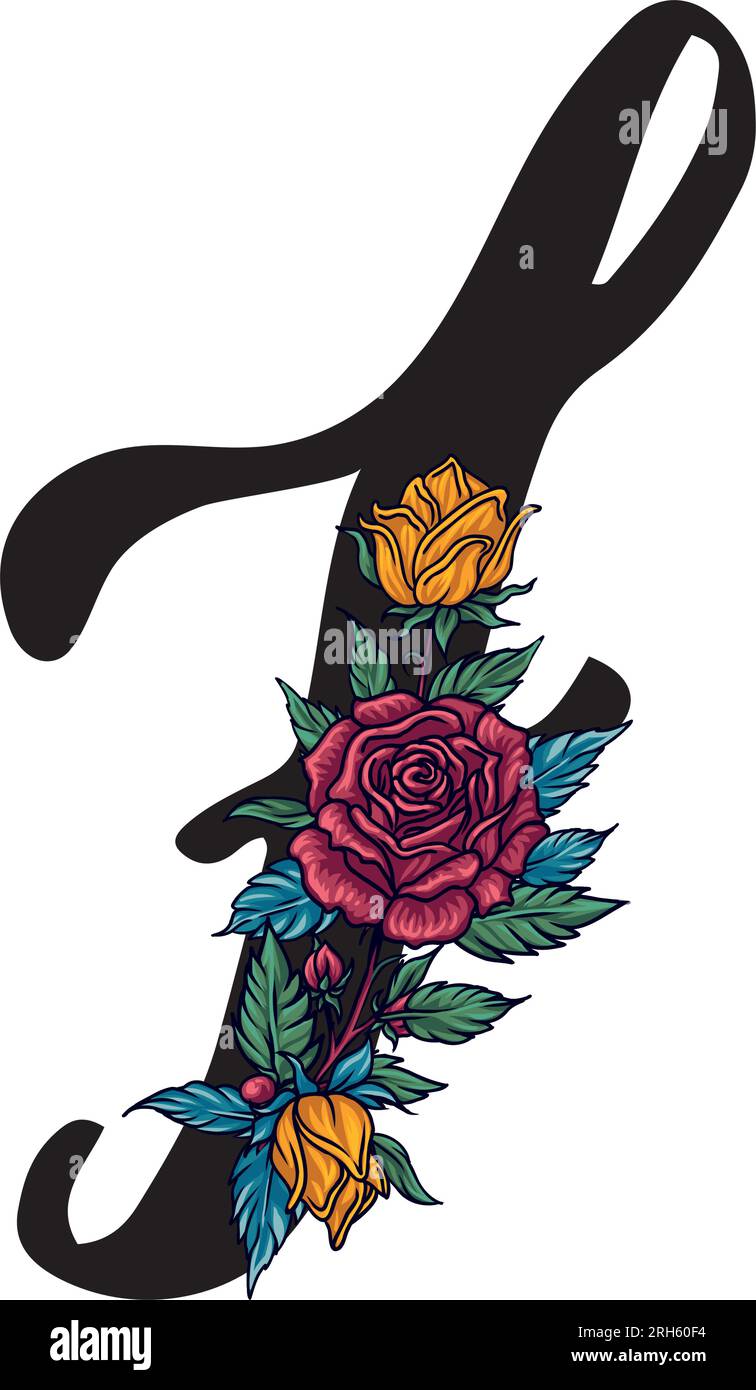 letter J handwritten font with roses, hand lettering with hand drawn ...