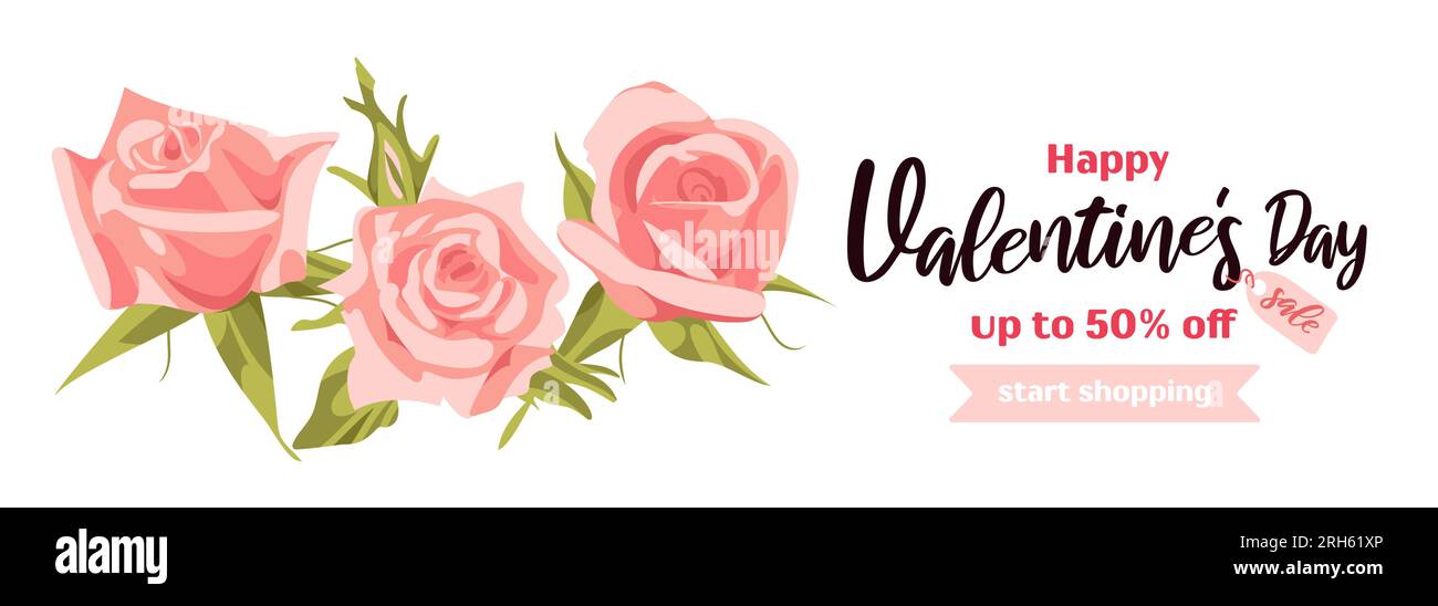 Happy Valentines Day sale. Bright horizontal banner in realistic style, english pink roses. For