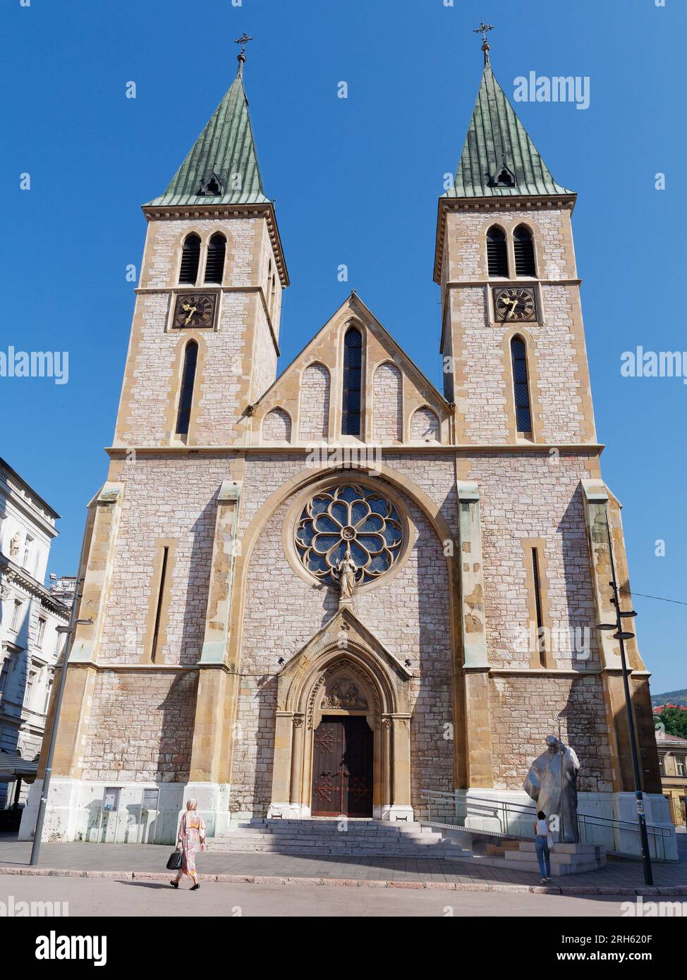 Sacred Heart Catholic Cathedral exterior facade entrance. Sarajevo, Bosnia and Herzegovina, August 13, 2023. Stock Photo
